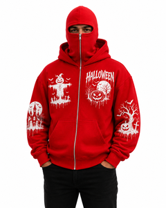 Custom Halloween Full <b>Zip</b> Mask Hoodie Red Oversized Streetwear Hoodie Gothic Pumpkin Scarecrow Haunted House Print Unisex Hoodie - Product Image 2