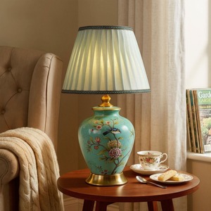 <b>Chinese</b> Style Ceramic E26 AC Bell Table <b>Lamp</b> with Fabric Shade Decorative Bedside <b>Lamp</b> for Living Room Study Villa - Product Image 2