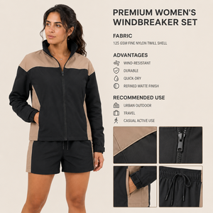 Bulk Custom <b>Women's</b> Nylon <b>Jacket</b> Shorts Set High Collar Wind Resistant Polyester Woven Custom Print Apparel Supplier - Product Image 4