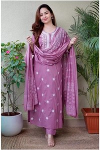 Embroidered Cotton Salwar Kameez Set with Dupatta Women Traditional Loose Fit <b>Ankle</b>-Length Casual Wear India Pakistan Style - Product Image 2