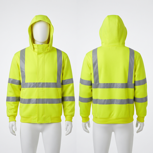 330grams Premium 100% Cotton <b>Zipper</b>-Up Fleece Waterproof Eco-Friendly Breathable High Visibility Yellow Work <b>Hoodie</b> Reflective - Product Image 1