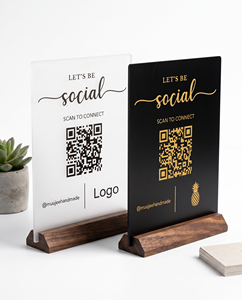 Supports d'affichage de codes QR élégants en acrylique transparent à prix d'usine, base en bois, gravure laser, pour comptoir publicitaire, supermarchés - Product Image 4