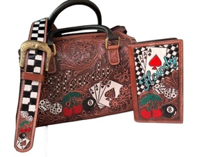 Howdy Western Leather <b>Satchel</b> With Checkerboard Strap And Poker Design <b>For</b> <b>Women</b> Vintage Handbag With Flap Closure Ready to ship - Product Image 1