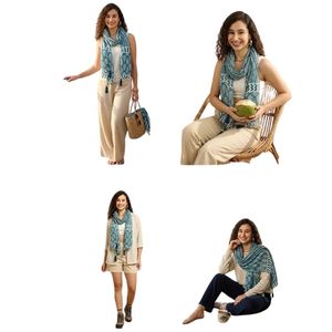 Écharpe pour femme en coton premium, style bohème, bicolore, imprimé à motifs, avec pompons, légère, pour l'été et la plage - Product Image 2