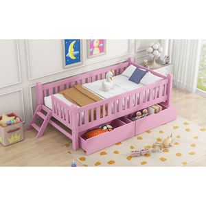 Letto a piattaforma in legno rosa per bambini, singolo, con sponda di sicurezza e 2 cassetti - Product Image 6
