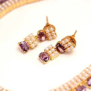 Luxury <b>Necklace</b> Set Brass 22K Gold Plated Oval Tanzanite Pearl Bridal Party Wear Jewelry Adjustable Length for Women - Product Image 3