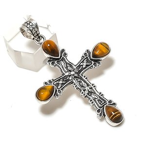 Colgante Étnico Bohemio de Plata Tibetana Antigua con Cruz, Gemas Naturales de Ojo de Tigre en Forma de Pera, Amuleto Religioso Unisex - Product Image 3