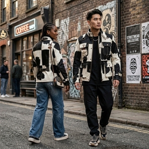 Chaqueta de cuero con pelo de vaca personalizada al por mayor para hombre, estilo desgastado, con retazos geométricos y múltiples bolsillos, para exteriores. - Product Image 5