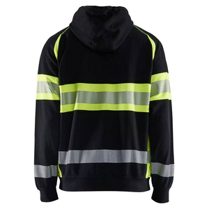 Veste polaire à capuche pour homme avec bandes réfléchissantes, noir et vert citron, style vêtement de travail, fermeture éclair, pour l'automne - Product Image 4