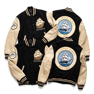Veste universitaire personnalisée OEM en laine avec manches en cuir, broderie Clipper Fleet Ship et patch figuratif, manteau noir - Product Image 1