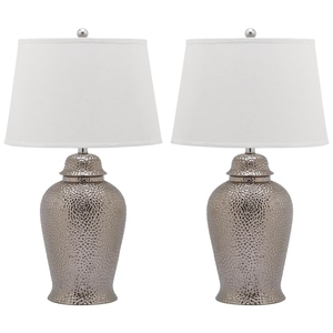 Latest design Hammered Silver metal <b>Table</b> Lamp Luxury Textured Metal Base White Fabric Shade Elegant <b>Bedside</b> Nightstand Light - Product Image 1