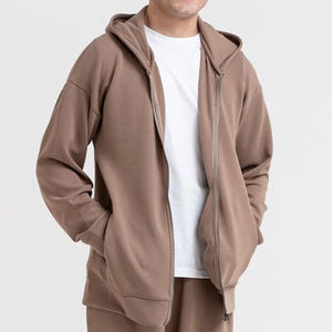 Sweat-shirt à capuche zippé marron pour homme, coupe classique, couleur unie, décontracté, en coton tricoté, pour l'automne - Product Image 1