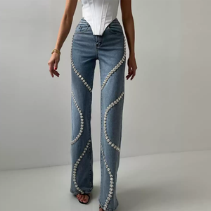 Jean en denim large personnalisé pour femme, en coton délavé, longueur intégrale, orné de perles, décontracté, pour le printemps - Product Image 4