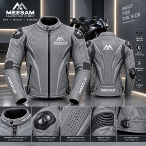 Chaqueta de Motocicleta de Cuero Gris, Transpirable, Protectora, para Carreras, de Piel de Vaca, Perforada, Estilo Canguro - Product Image 1