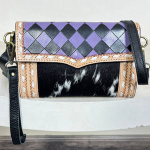 2026 New High Quality Custom Hair-On Cowhide Crossbody Clutch Purse with Checkered Pattern Hand Tooled Leather Wristlet <b>Mini</b> <b>Bag</b> - Product Image 4