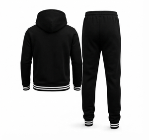 Conjunto Deportivo Unisex Negro con Rayas Blancas, Sudadera con Cremallera y Pantalones con Logotipo Personalizado, Ropa Casual de Otoño, Corte Regular de Longitud Completa - Product Image 2