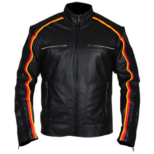 Men's <b>Black</b> Genuine Leather Moto <b>Jacket</b> Stand Collar Zipper Closure Windproof Slim Fit Regular Length Solid Color Autumn Wear - Product Image 4
