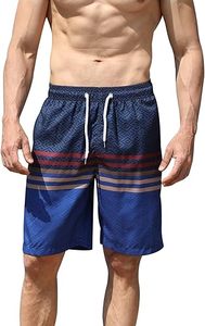 Shorts de Baño para Hombre con Estampado de Tortuga, Poliéster/Algodón Elástico, Secado Rápido, Cintura con Cordón Ajustable, Azul con Rayas Rojas y Grises - Product Image 1