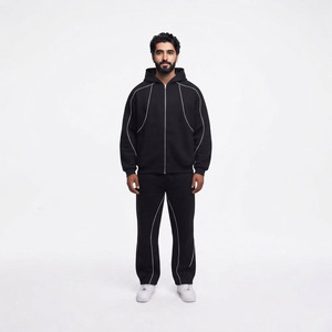 Ensemble de survêtement homme personnalisé ultra-lourd style streetwear avec passepoil contrastant, coupe ample, sweat à capuche et pantalon de jogging assorti - Product Image 5