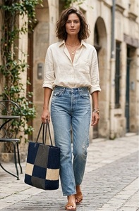 Knitted Panelled <b>Raffia</b> Tote Bag Bohemian Style Open Top Eco-friendly Embroidery Women Blue Beige PANELLED Pattern Spring Use - Product Image 5