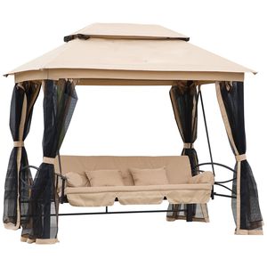 Sedia a dondolo da giardino per 3 persone con doppio tetto, seduta imbottita e pareti laterali in rete - Beige - Product Image 1