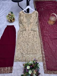 ชุดสำเร็จรูป 3 ชิ้น คอลเลคชั่น Kurti ดีไซน์หรูหรา พร้อมกางเกง Plazzo สีตัดกันสวยงาม และผ้าคลุมไหล่ Dupatta - Product Image 3