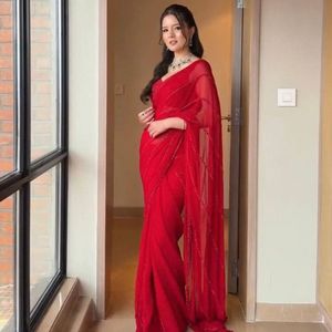 <b>Red</b> Georgette Saree Sequins Dori Work Heavy Banglori Silk Blouse Quick Dry AARIKA TEXTILE for Women Party Wear Festive Wedding - Product Image 3