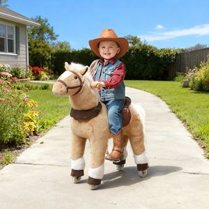Cavallo di peluche marrone per passeggiate e gioco attivo, giocattolo cavalcabile per bambini dai 3 ai 5 anni con ruote per il gioco all'aperto - Product Image 2