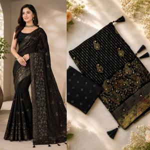 Sari de mariage pakistanais traditionnel noir à sequins en georgette de qualité supérieure, longueur ras du sol, séchage rapide, pour femme, coupe classique, robe de soirée - Product Image 5