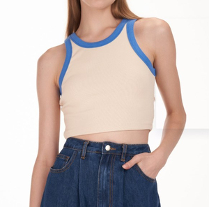 <b>Women</b> Solid Color <b>Knitted</b> <b>Tank</b> <b>Top</b> O-Neck Cropped Sleeveless Minimalist Style Brown Beige Trim - Product Image 5