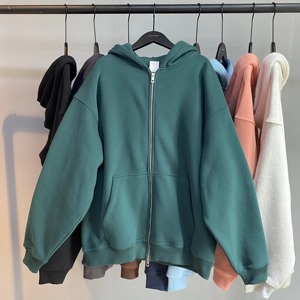 Sweat-shirt unisexe à capuche zippé en polaire bleu clair, coupe oversize décontractée, longueur standard, couleur unie, tricoté, pour l'automne - Product Image 5