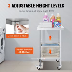 Banco da Lavoro in Acciaio Inox 24x24x38 Pollici, Capacità di Carico 700 LBS, 4 Ruote, 3 Livelli di Altezza, Resistente, per Uso Alimentare - Product Image 5