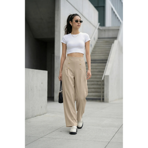 Pantalones de Pierna Ancha de Cintura Alta con Botones Dorados, Pantalones Palazzo con Botones Repujados, Pantalones de Pierna Ancha Estilo Marinero - Product Image 3