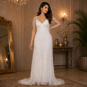 Luxury White Modern Draped Floral Embroidered Bridal A-Line Gown Elegant V Neck Wedding Dress Premium Lace Evening Reception - Product Image 2