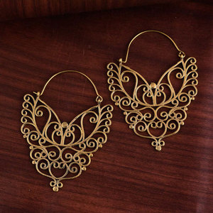 Boucles d'oreilles créoles papillon en filigrane d'or faites à la main, bijoux ethniques bohèmes pour femme - Product Image 1