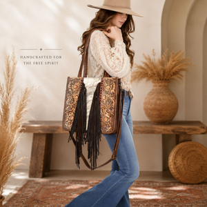Hand Tooled Genuine Leather Hair On Cowhide Shoulder Tote Bag for Women Western Fringe Handbag Floral Embossed Crossbody Purse - Product Image 2