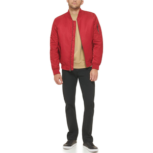 Men's <b>Red</b> Bomber <b>Jacket</b> Solid Color Zipper Closure Stand Collar Casual Style Polyester Material Autumn Wear - Product Image 3