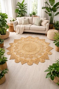 Alfombra Redonda de Yute Hecha a Mano Estilo Bohemio con Patrón de Medallón, Tejido Plano, Ecológica para Sala de Estar - Product Image 1