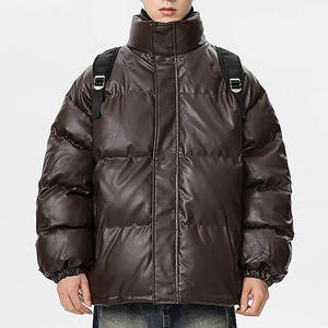 Men's Brown PU Puffer <b>Jacket</b> Stand Collar Zipper Closure Quilted Windproof Thick Winter Coat Casual Loose Fit - Product Image 3