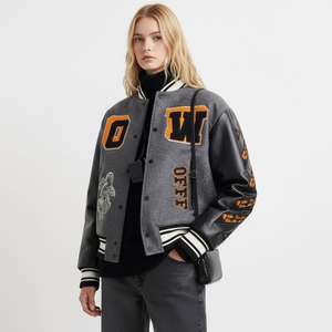 Wholesale Custom Men's Y2K Varsity <b>Jacket</b> Heavyweight Wool Blend <b>Grey</b> Bomber Orange Chenille Patches Leather Sleeves - Product Image 6