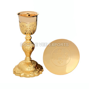Brass Italian Style Chalice and Paten with IHS Engraving | <b>Communion</b> Set – DOUBLE VEE EXPORTS - Product Image 2