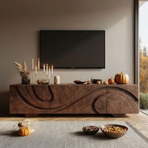 Luxury Handcrafted Solid Wood Media Console Ornate Abstract Wave Carving Walnut <b>TV</b> <b>Stand</b> Credenza - Product Image 1