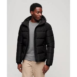 Chaqueta Acolchada Negra con Capucha para Hombre, Cierre Frontal con Cremallera, Color Sólido, Resistente al Viento, Relleno de Poliéster, para Otoño - Product Image 1