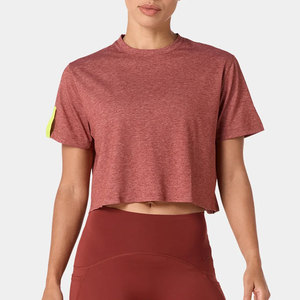T-shirt court sans couture pour femme, design uni, léger, 180 g/m², anti-transpiration, tricoté, vêtement de sport, coupe ajustée, été, 100 % coton - Product Image 1
