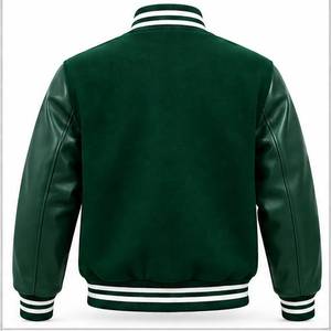 Veste universitaire verte pour homme, manches en cuir PU, décontractée, col rabattu, coupe classique, simple boutonnage, couleur unie, pour l'automne - Product Image 3