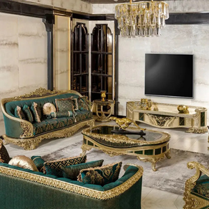 Juego de Sofás Seccionales de Lujo para Sala de Estar, Estilo Europeo, Madera de Caoba Clásica, Tallados a Mano, Tapizados en Tela - Product Image 2