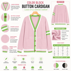 Cosh International Sisterhood Sorority - Cárdigan de Punto Acrílico Rosa y Verde en Contraste para Mujer, Manga Larga, Cuello en V, Estilo Casual - Product Image 5