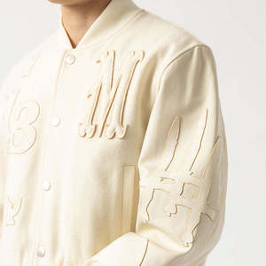 Custom OEM Off-White Tone-on-Tone Patchwork Cropped Varsity <b>Jacket</b> Heavyweight Wool Blend Men Streetwear <b>Letterman</b> <b>Jacket</b> - Product Image 3