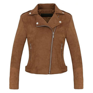 Women's Brown <b>Suede</b> Moto <b>Jacket</b> Full Sleeve Turn-down Collar Zipper Closure Autumn Style Sample Service Available - Product Image 6