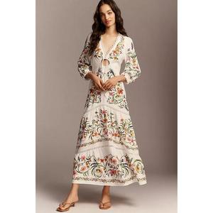 Elegante Vestido Maxi con Bordado en la Cintura Natural para Mujer, con un Hermoso Diseño, 100% Algodón, Silueta de Vestido de Gala - Product Image 1